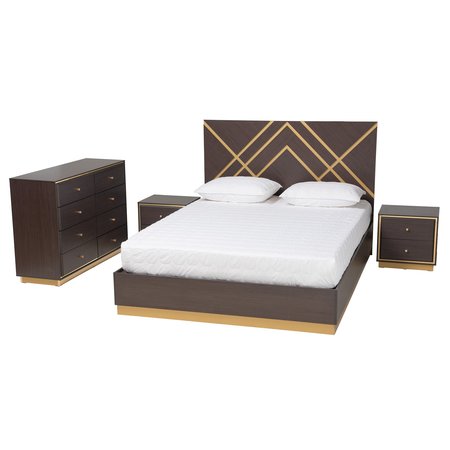 Baxton Studio Arcelia Glam and Luxe  Dark Brown and Gold Finished Wood Queen Size Bedroom Set4PC 219-12583-12139-12604-ZORO